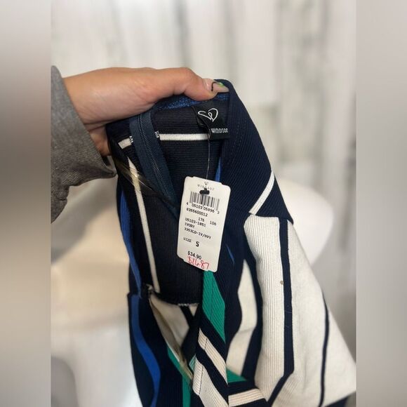 Striped Halter Bodycon Mini Dress Size Small Navy Blue White Teal Open Back - Picture 3 of 7